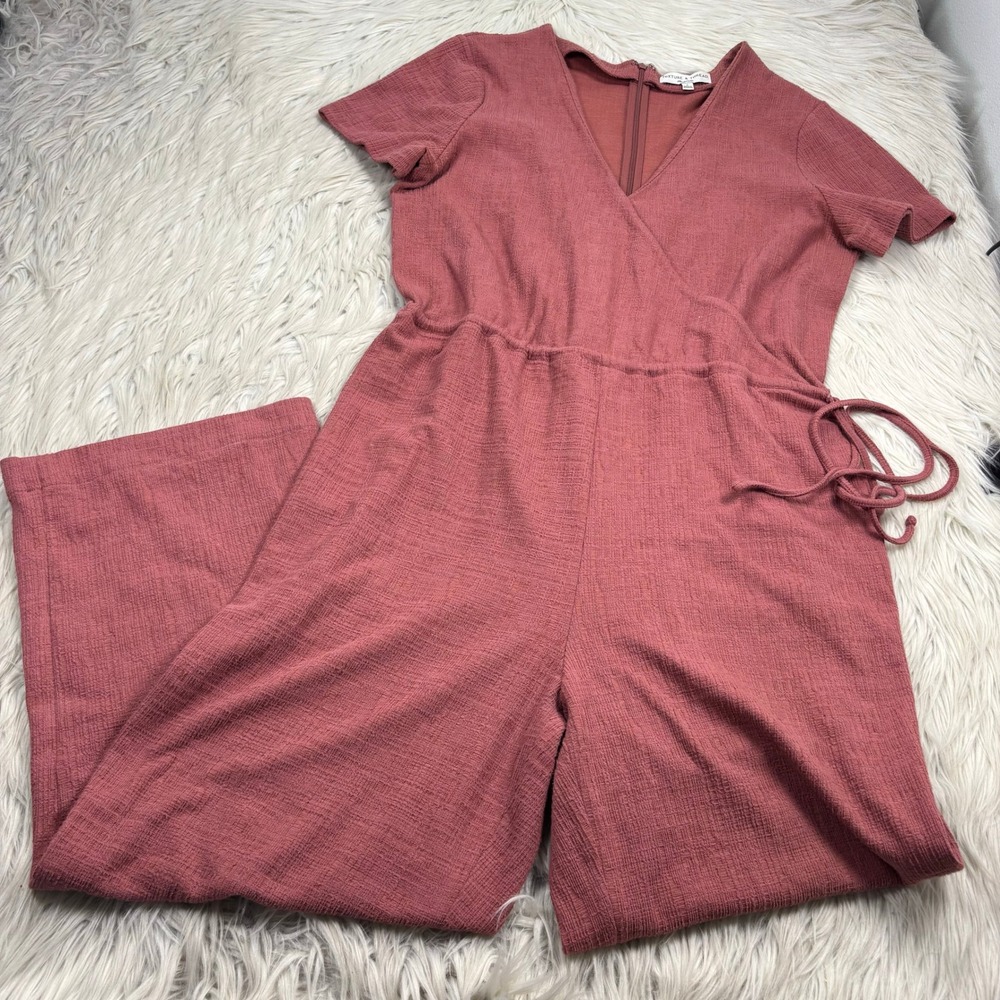 Madewell Texture & Thread Women's S Pink Short-Sleeve Wrap Jumpsuit Wide Leg